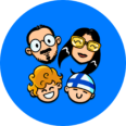 4 en Suomi logo con las caras de una familia sobre fondo azul redondo